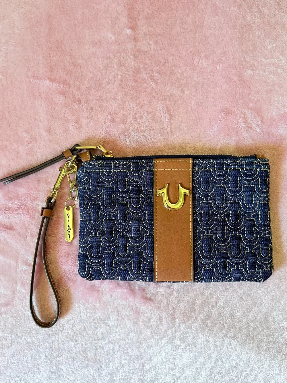 True Religion Navy Denim & Tan Wristlet Clutch with Gold Hardware